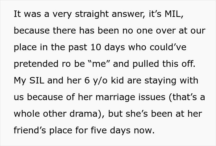 Text discussing MIL canceling son's honeymoon and covering it up with a fake hotel gift.