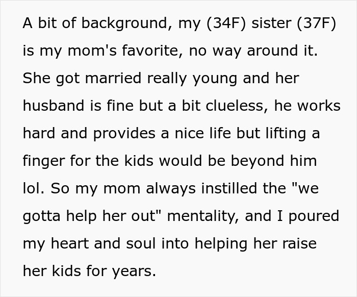 Text about a woman refusing to invite her entitled sister on a vacation, explaining family dynamics and obligations.