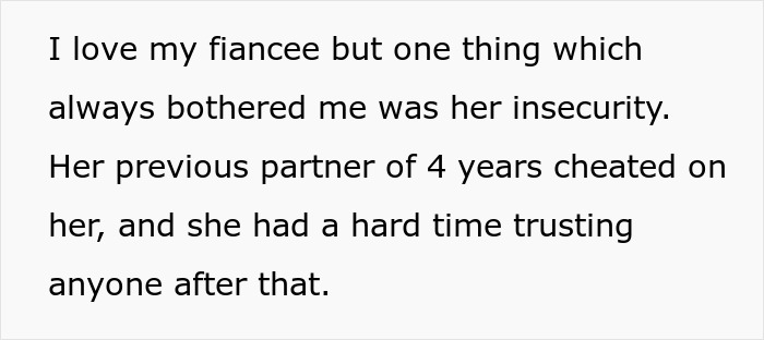 Text image about fianc&eacute;'s insecurity and mistrust due to past relationship cheating experience.