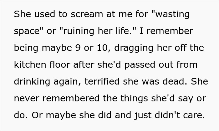 Text excerpt describes a mother calling her daughter a waste of space and a life-ruiner, highlighting a troubled relationship. Text excerpt describes a mother calling her daughter a waste of space and a life-ruiner, highlighting a troubled relationship.