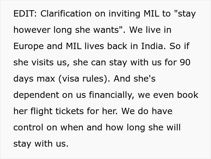 Text clarifying MIL's visit duration to Europe, limited to 90 days due to visa rules and financial dependency.