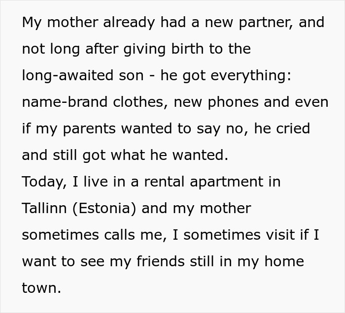 Text discussing family dynamics and living in a rental apartment in Tallinn. Keywords: parents' apartment, money.