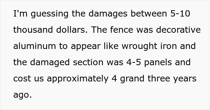 Damage estimate text about neighbor's fence hit by trampoline during storm.