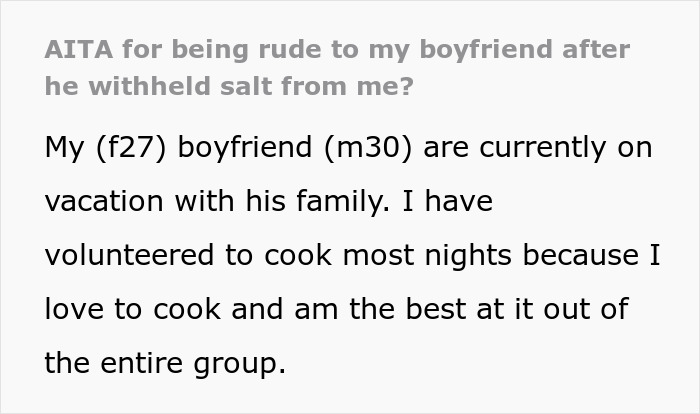 Woman frustrated cooking for boyfriend's family on vacation, upset over withheld salt.