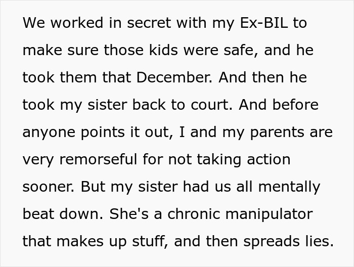 Brother helps ex-brother-in-law secure custody of kids, revealing family regrets and manipulation.
