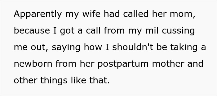Text discusses taking a newborn away, mentioning wife, mother-in-law's call about postpartum issues.