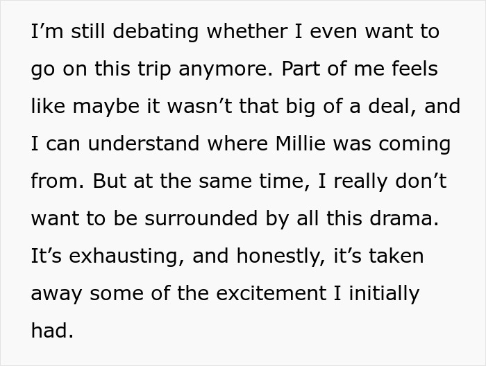 Text about a trip decision, amidst drama with cousin involving a wedding invitation and payment dispute.