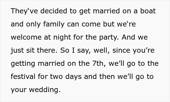 Text from a conversation about being excluded from a wedding ceremony and attending only the party. Text from a conversation about being excluded from a wedding ceremony and attending only the party.