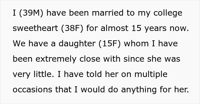 Text excerpt about a father married for 15 years, close to his bi daughter, highlighting family conflict and lifestyle issues. Text excerpt about a father married for 15 years, close to his bi daughter, highlighting family conflict and lifestyle issues.