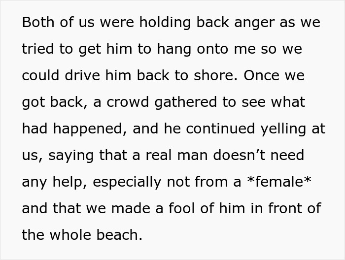 Text excerpt describing a boomer nearly drowning and then berating the lifeguard who saved him for hurting his fragile male ego.