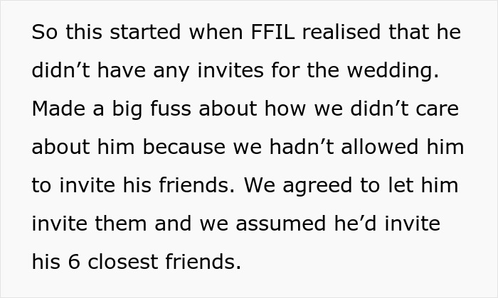 Text about future father-in-law inviting unexpected guests to wedding, causing tension.