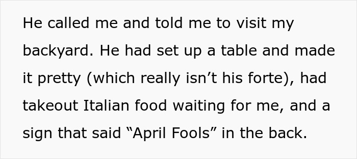 Text describing a failed April Fools' prank involving a fake affair and pregnancy, leading to a breakup. Text describing a failed April Fools' prank involving a fake affair and pregnancy, leading to a breakup.