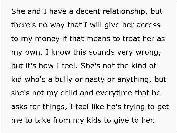 Text about a woman refusing to make a boyfriend's daughter her heiress, citing financial concerns.