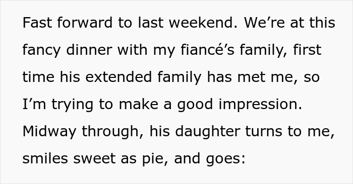 Text about a fiance's family dinner where his daughter comments, related to themes of gold digger perception.