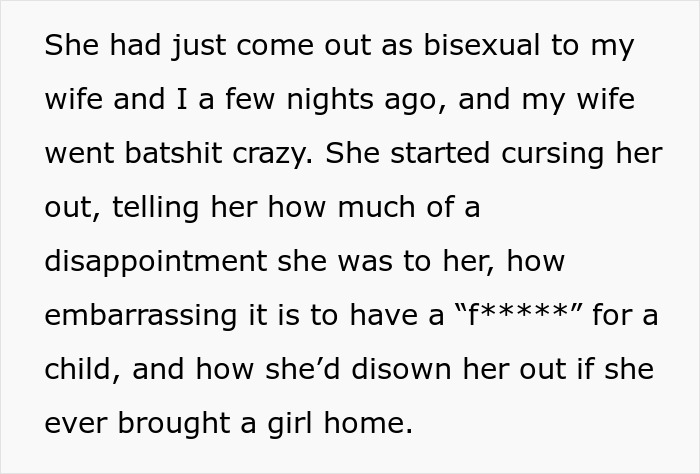Text excerpt describing a dad defending his bisexual daughter while wife threatens divorce over family embarrassment concerns. Text excerpt describing a dad defending his bisexual daughter while wife threatens divorce over family embarrassment concerns.