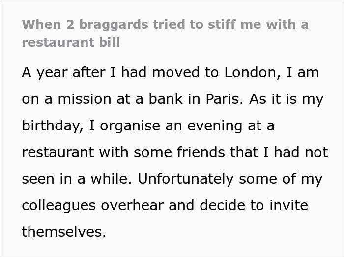 Text excerpt discussing traders' arrogance and coworker dynamics at a restaurant.