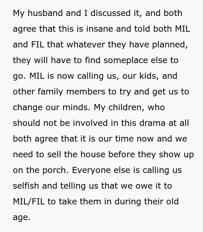 Text reveals a family dispute as MIL demands care; DIL refuses, citing previous treatment issues.