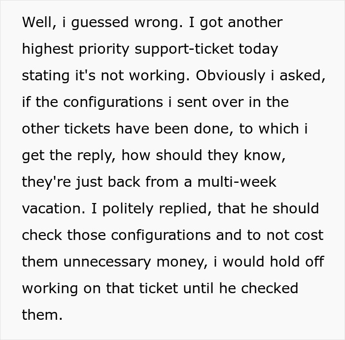 Support ticket escalation issue text describing client frustration and a professional response about configuration checks.