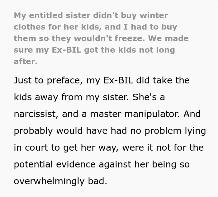 Text about custody issues, mentioning a woman not caring for her kids and her brother helping the ex-husband get custody.