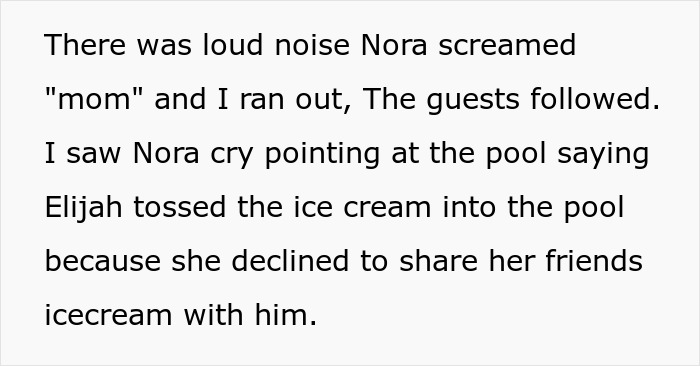 Text recounts a boy tossing ice cream into a pool after being denied more by a girl at a party.