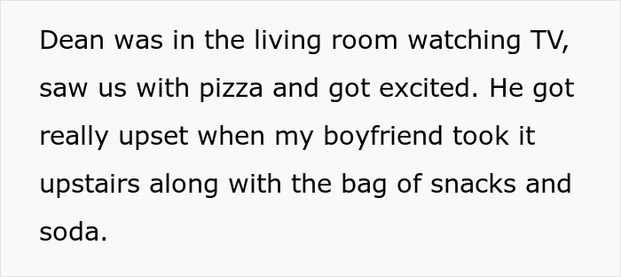 Text about a housemate's child getting upset over pizza being taken away.