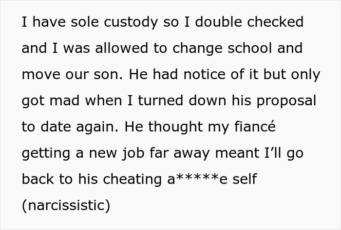 Text about sole custody and relationship issues, hinting at possible racial and ulterior motives in behavior.