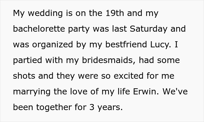 Text discussing a wedding on the 19th and a recent bachelorette party organized by the bride's best friend.