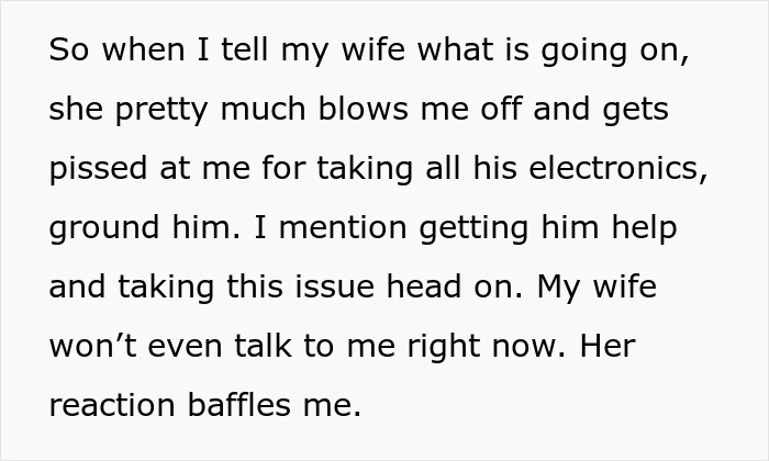 Text excerpt showing a husband explaining his wife&rsquo;s shocking defense of their teen son caught creeping around neighbor&rsquo;s yard at night.