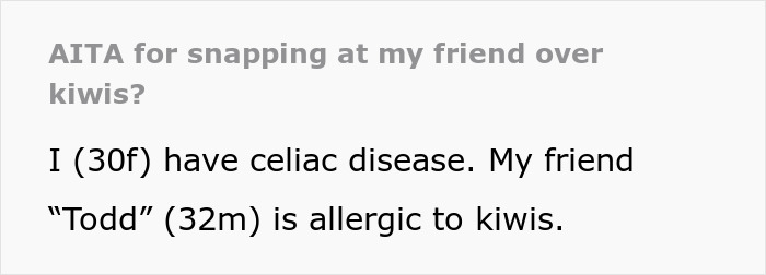 Text discussing a gluten-free meal conflict between friends with allergies to gluten and kiwis.