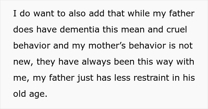 Text describing a woman's cruel father, mentioning his dementia and longstanding behavior.