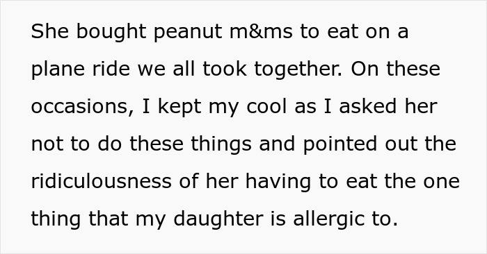 Text excerpt describing a grandma threatening granddaughter&rsquo;s life over nuts despite allergy concerns on a plane ride.