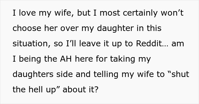 Text discussing a dad defending his bi daughter while his wife threatens divorce over her lifestyle being seen as a family issue. Text discussing a dad defending his bi daughter while his wife threatens divorce over her lifestyle being seen as a family issue.