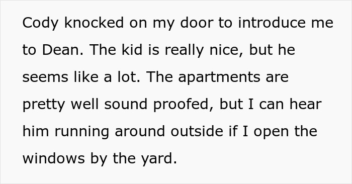Text from a note about a housemate's child behaving energetically, with soundproofing mentioned.