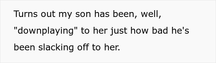 Text: "Turns out my son has been, well, 'downplaying' to her just how bad he's been slacking off to her." Focus on son's slipping grades.