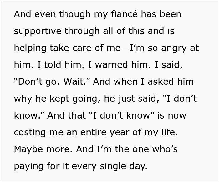Alt text: Woman furious bearing physical consequences of accident caused by her fiancé, expressing anger and frustration in a heartfelt statement. Alt text: Woman furious bearing physical consequences of accident caused by her fiancé, expressing anger and frustration in a heartfelt statement.