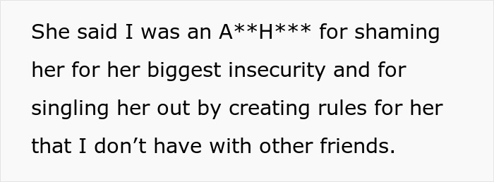 Text discussing a confrontation about a friend consuming $60 worth of groceries, leading to accusations of shaming and unfairness.