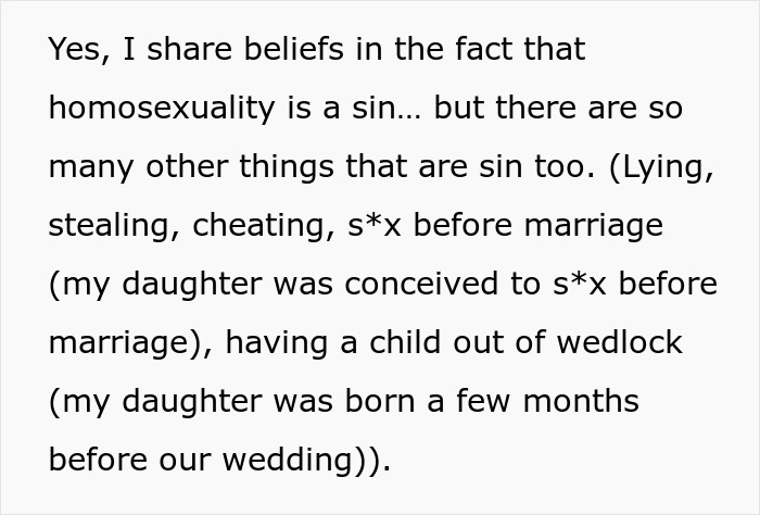 Text discussing beliefs on homosexuality as a sin and other acts considered sinful, mentioning a daughter’s conception and birth. Text discussing beliefs on homosexuality as a sin and other acts considered sinful, mentioning a daughter’s conception and birth.