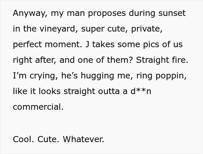 Engagement proposal at vineyard, captured at sunset; woman later untagged from friend&rsquo;s IG post.