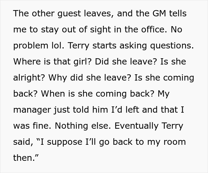 Text description of a clever escape plan by a woman from a delusional client.