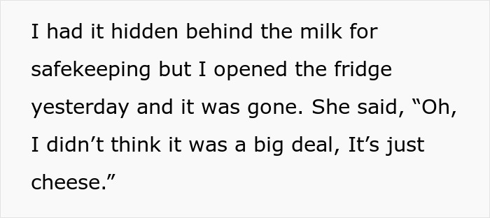 Text describing roommate stealing cheese, discussing need for a fridge lockbox.