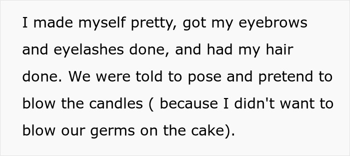 Text about a woman preparing for her birthday celebration, with mentions of makeup and cake.