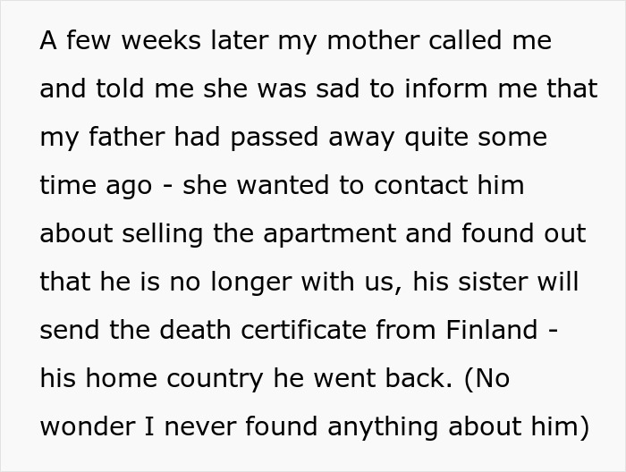 Text about inheriting money from parents' apartment after father's passing.