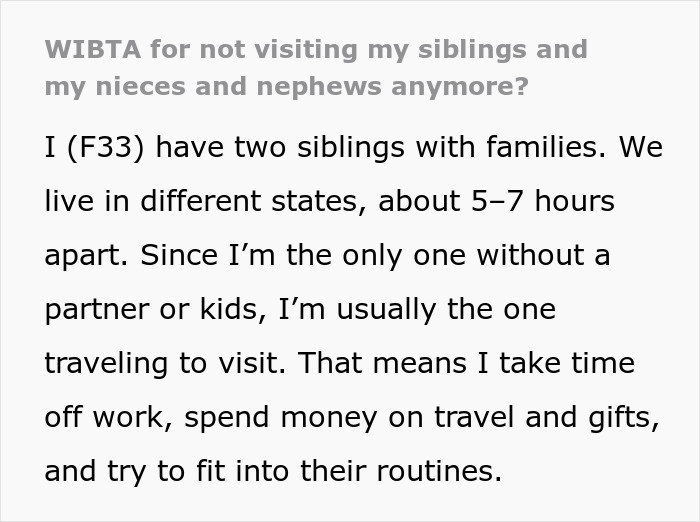 Text discussing travel challenges to visit siblings, nieces, and nephews in different states.