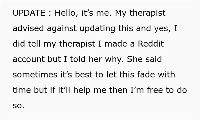Text update discussing therapist's advice after exposing a partner's plot. Text update discussing therapist's advice after exposing a partner's plot.