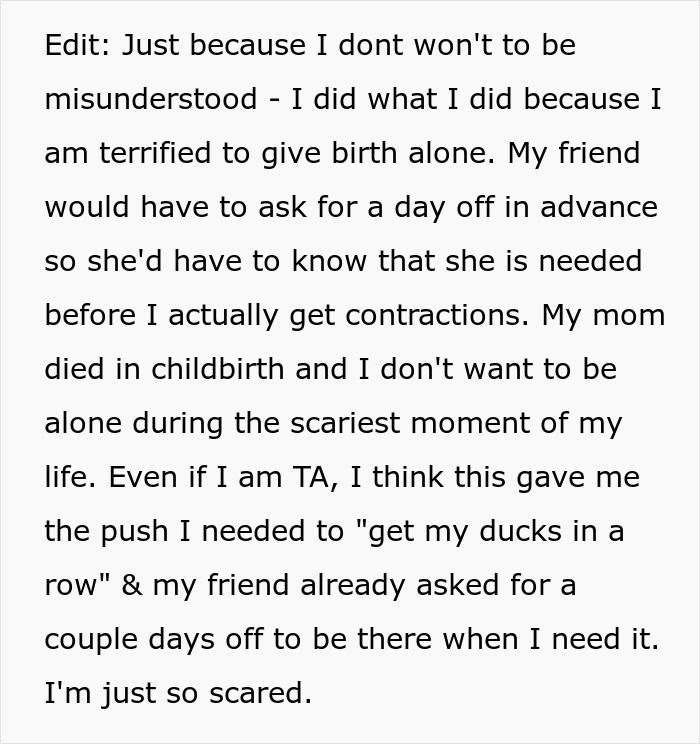 Text detailing a mom-to-be's fear of giving birth alone, expressing her need for support.