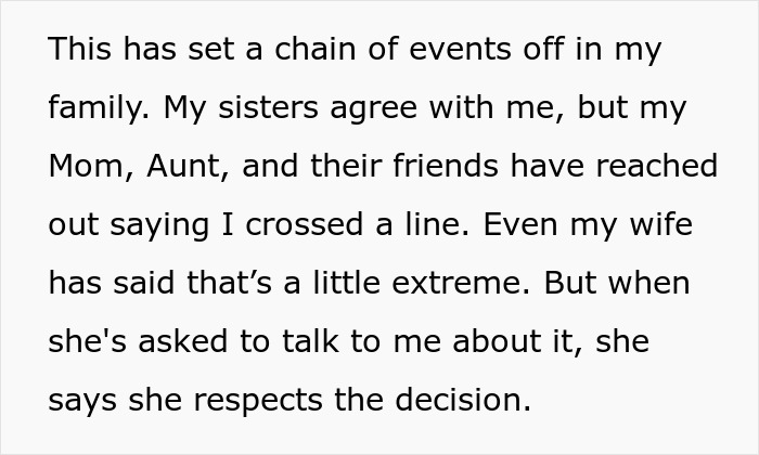 Text message discussing family conflict and husband banning family from birth due to treatment of pregnant wife.