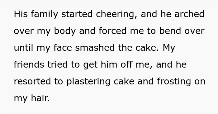 Text describes a man forcing girlfriend's face into cake during birthday.