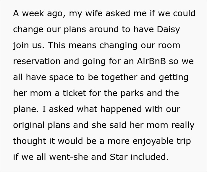 Text detailing a change in vacation plans involving a mother-in-law and an Airbnb.