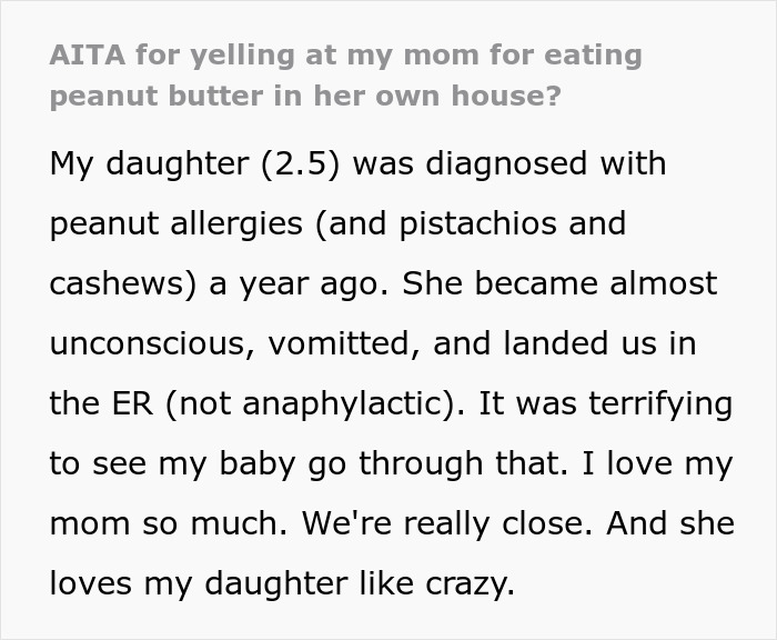 Text post about a toddler's peanut allergies and a grandmother threatening granddaughter&rsquo;s life over nuts.