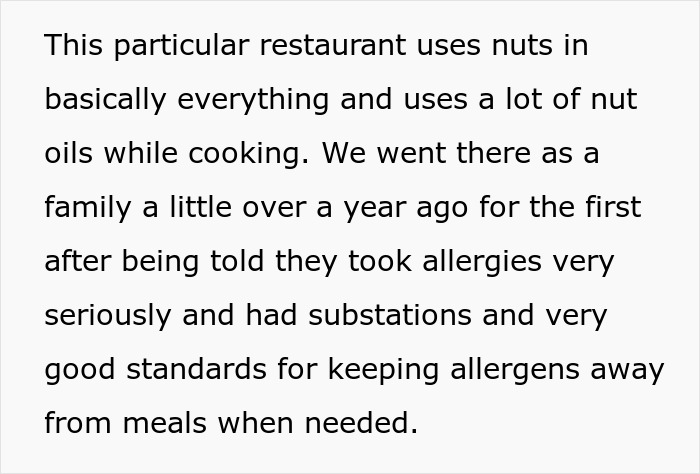 Text about a restaurant using nuts in cooking and claims of managing allergens effectively.